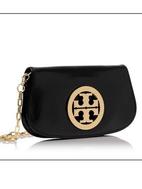 Tory Burch Black Leather Clutch with Gold Logo Medallion